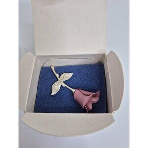 Vintage Avon Pink Rose Rosebud Brooch Pin Metal Metallic Signed SilverTone 2.25"